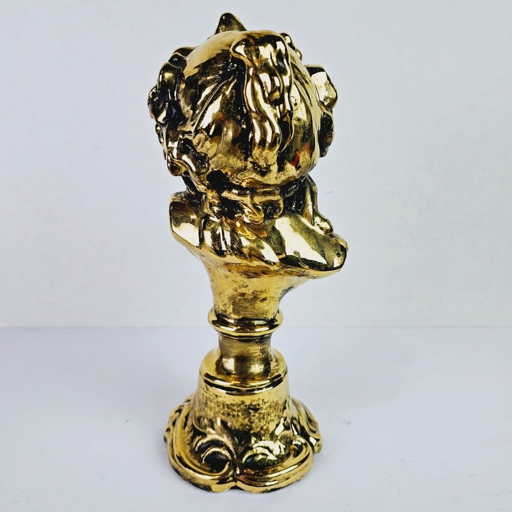 Vtg Shiney Gold Painted Cherub Baby Face Blue Felt Bottom Mini Bust Statue, 10" - Picture 5 of 8